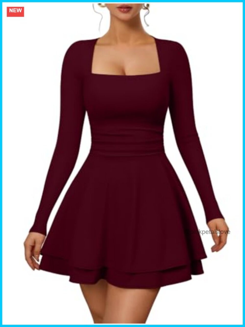 Womens Long Sleeve Square Neck Mini Dress Bodycon Ruffle Hem Club Party Dress